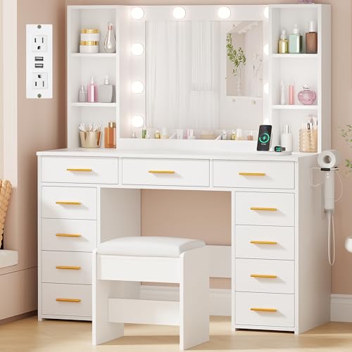 White Vanity Desk with Mirror and Lights 11 Drawers 9 Shelves Vanity Table with Stool N82824