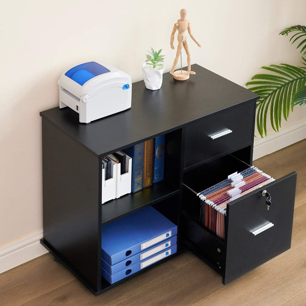 L Shaped Desk and File Cabinet with Open Storage Shelf I369