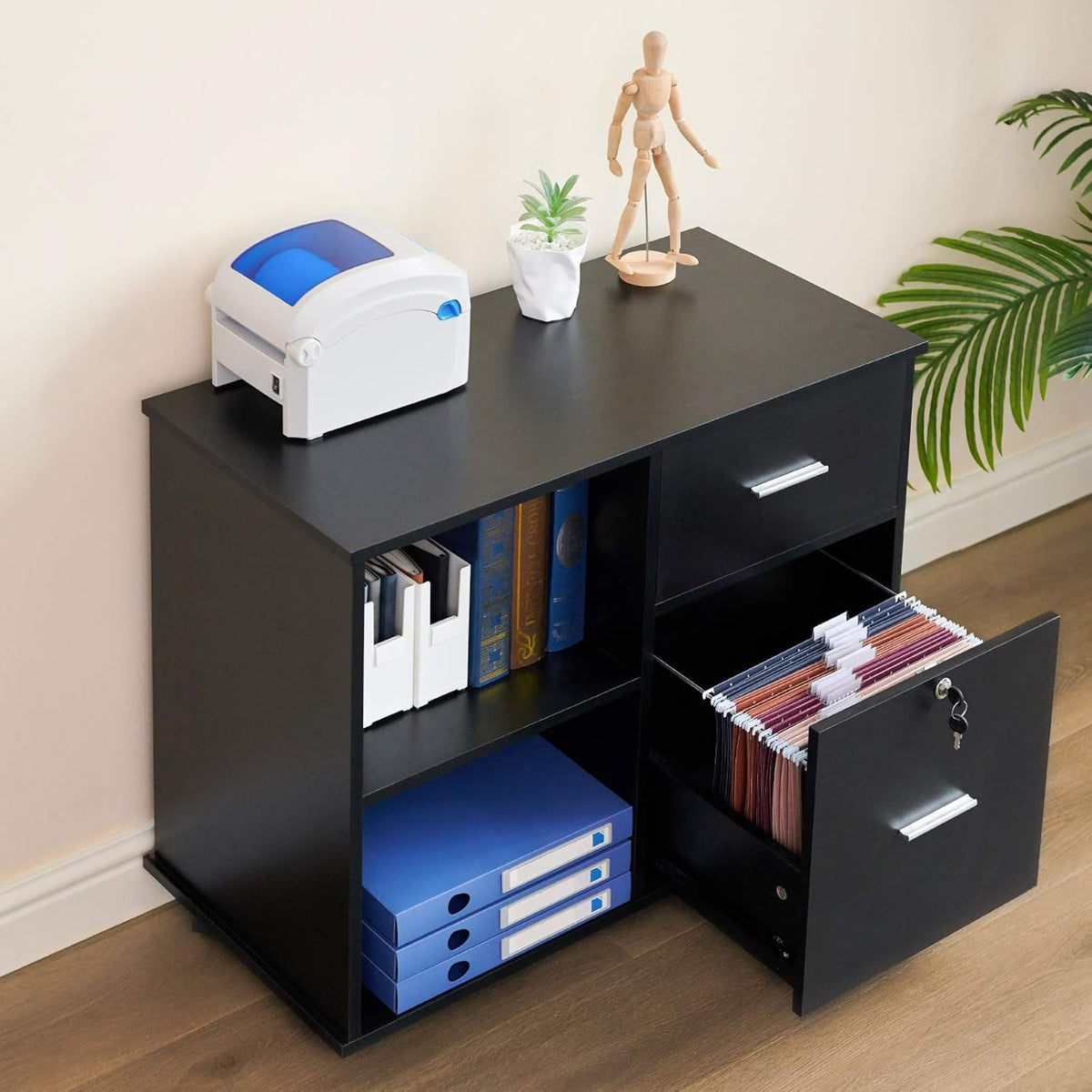 L Shaped Desk and File Cabinet with Open Storage Shelf I369