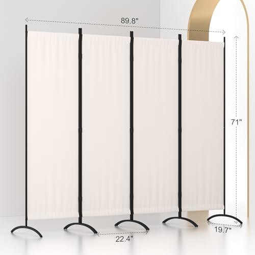 4 Panel Folding Room Divider with 5 Curved Metal Feet White C2726