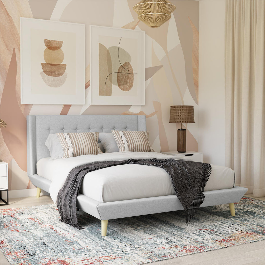 Queen Light Gray Linen Upholstered Bed F291219