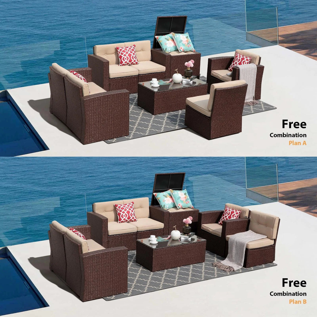 8 Pc Wicker Rattan Outdoor Furniture Set with Storage Box U27558