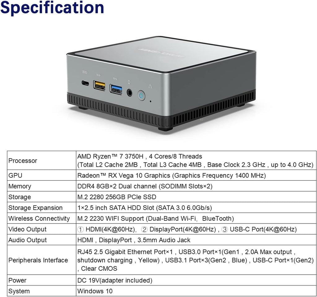 Mini PC AMD Ryzen 7 3750H 16 GB RAM 256 GB PCIe SSD Radeon RX Vega 10 Graphics Dual WiFi BT 5.1 HDMI Display USB-C RJ45 4X USB 3.0 Ports Small Form Factor Y3325