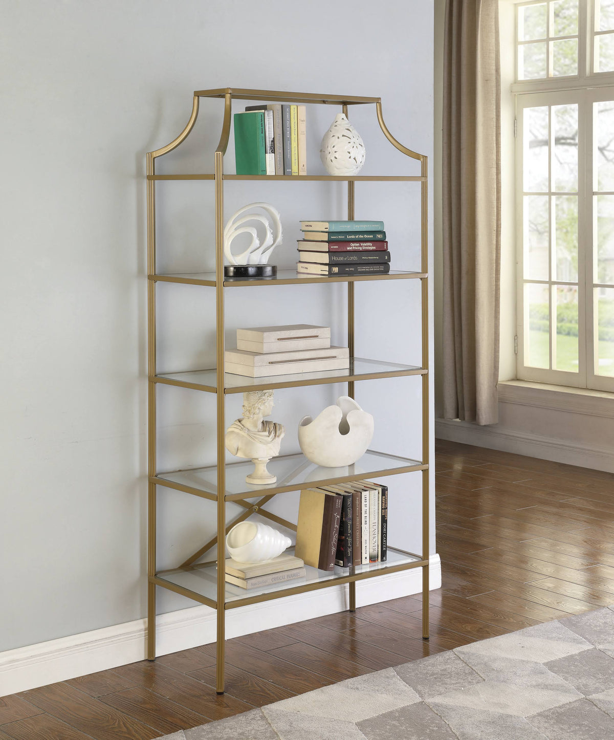 Matte Gold 5-Tier Tempered Glass Shelves Bookcase I818