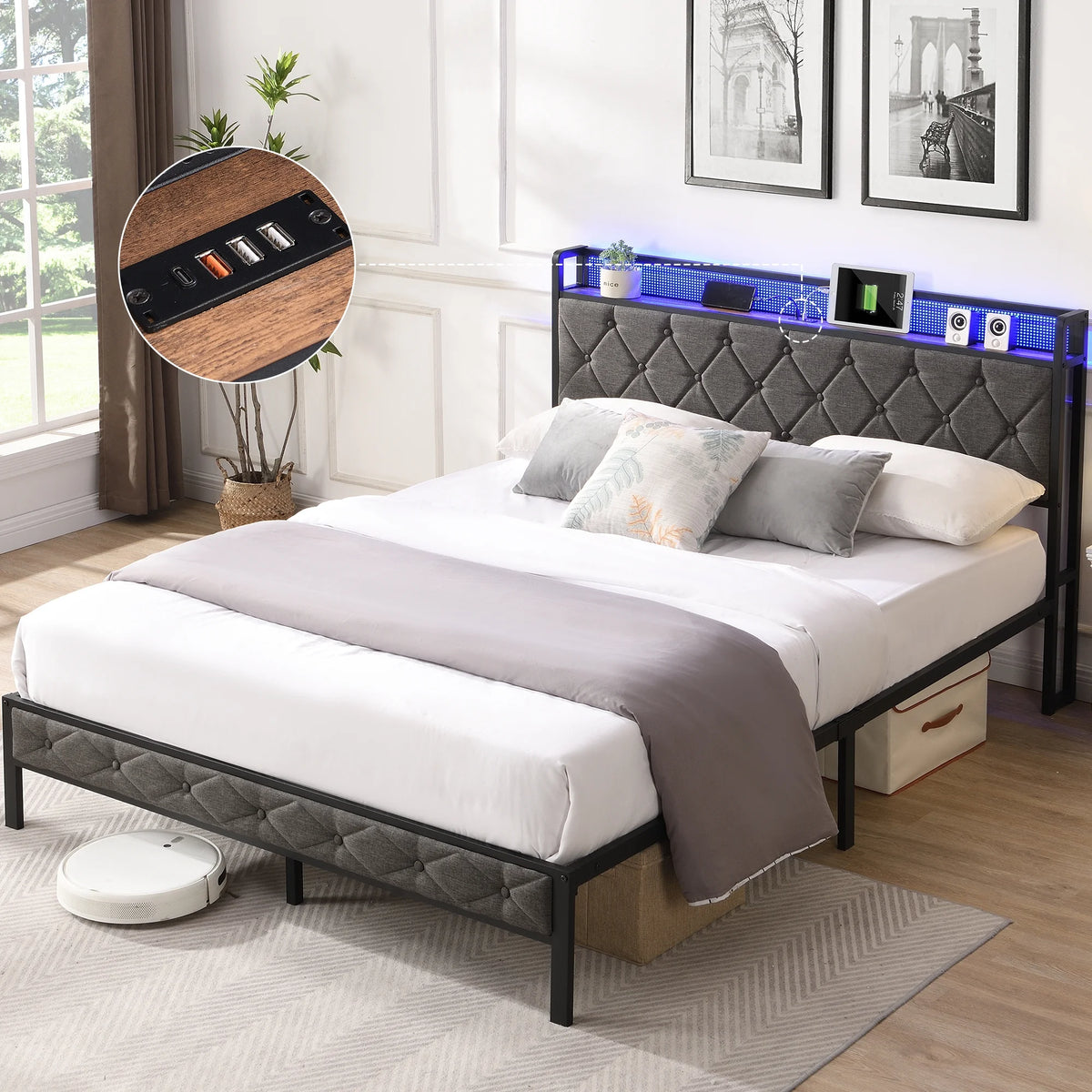 Full Size Upholstered Platform Bed with Storage Headboard Y265410