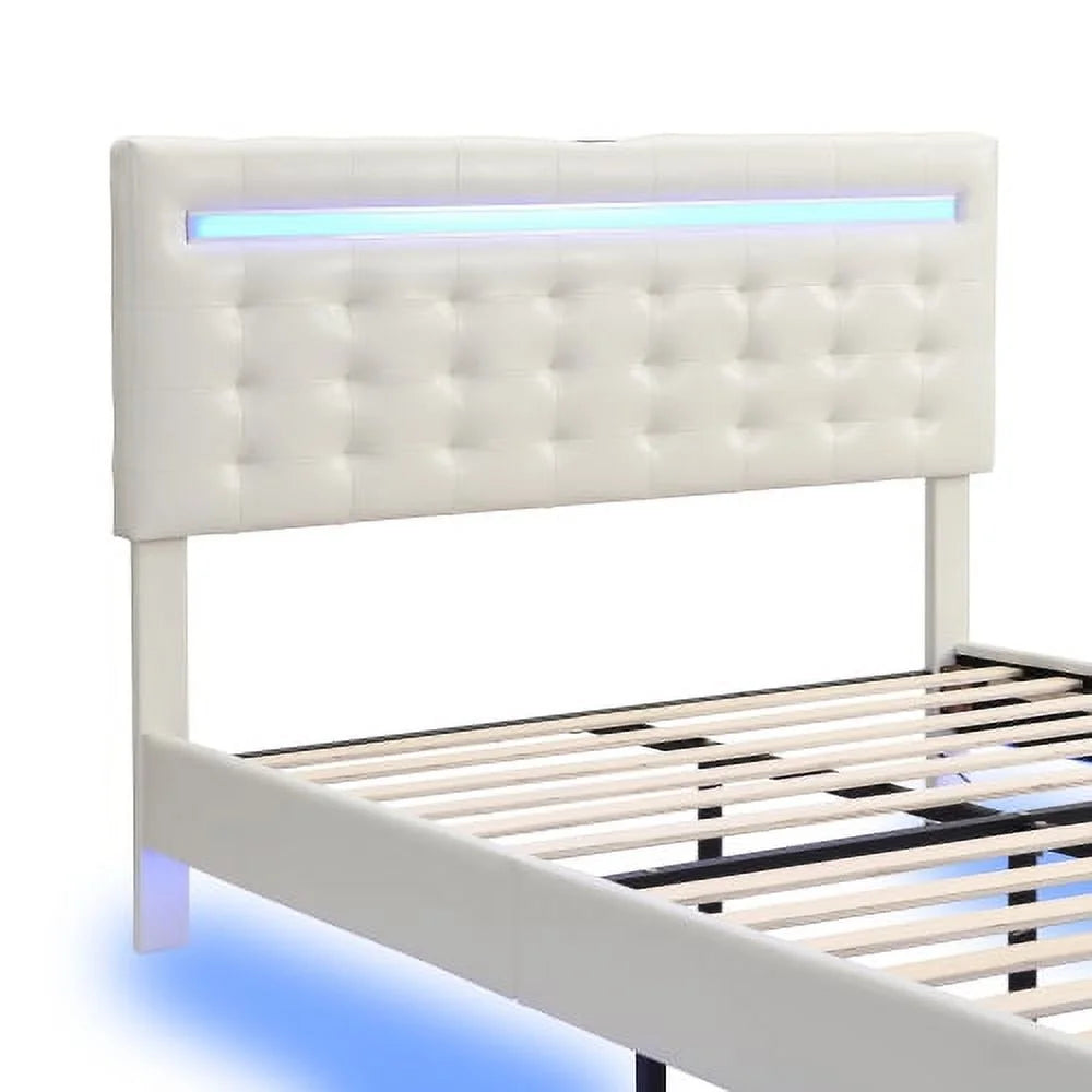 Full Size Black Upholstered Platform Bed Frame with LED Lights H568