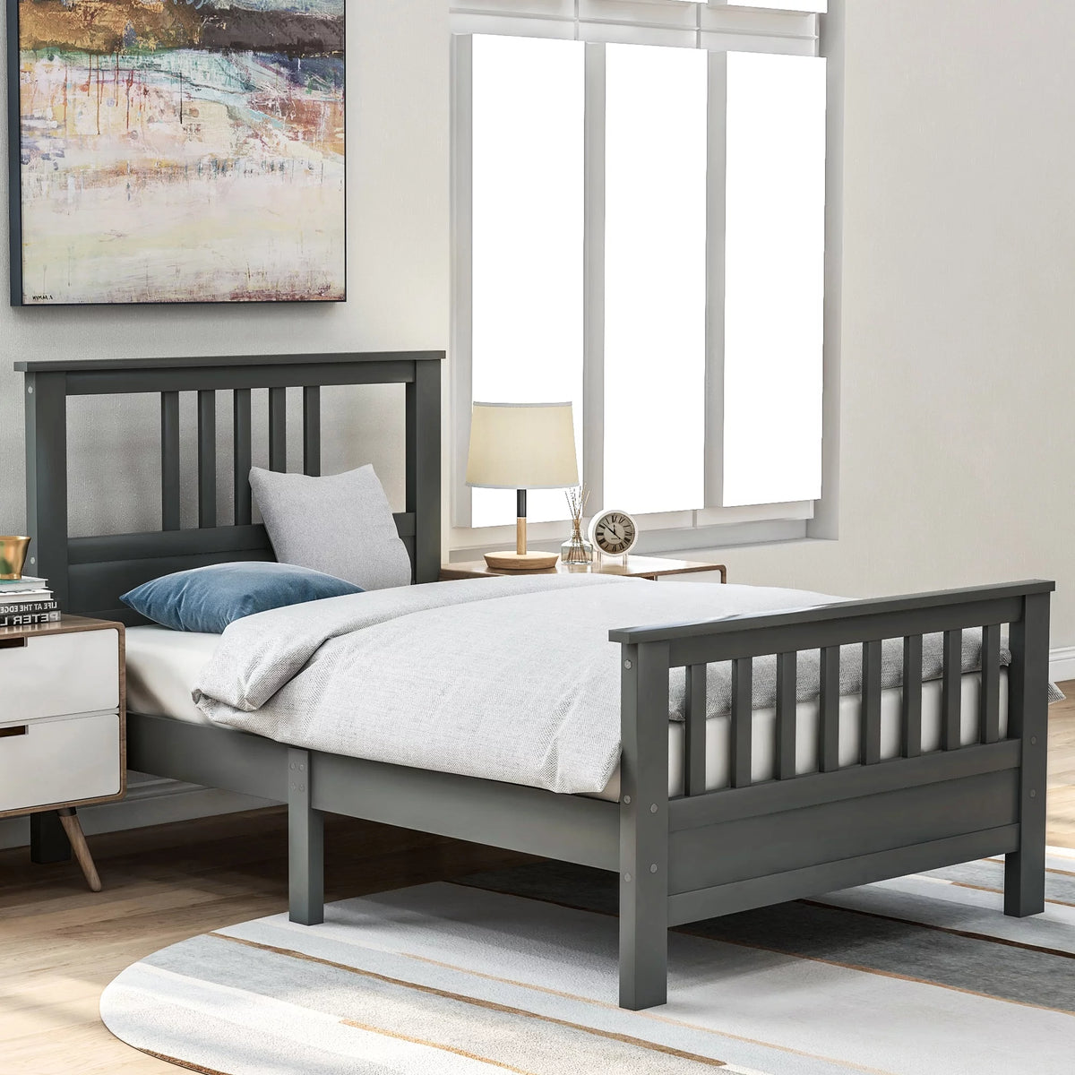 Wood Twin Size Platform Bed Frame with Headboard and Footboard M421955