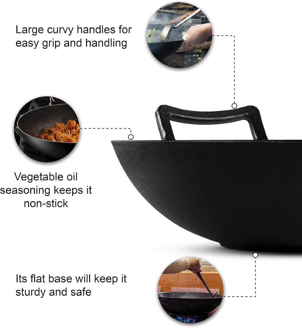 Pre-Seasoned Cast Iron Wok Pan with Lid and Handles, 14 Inch Flat Base Non-Stick, Pack of 2 X3716