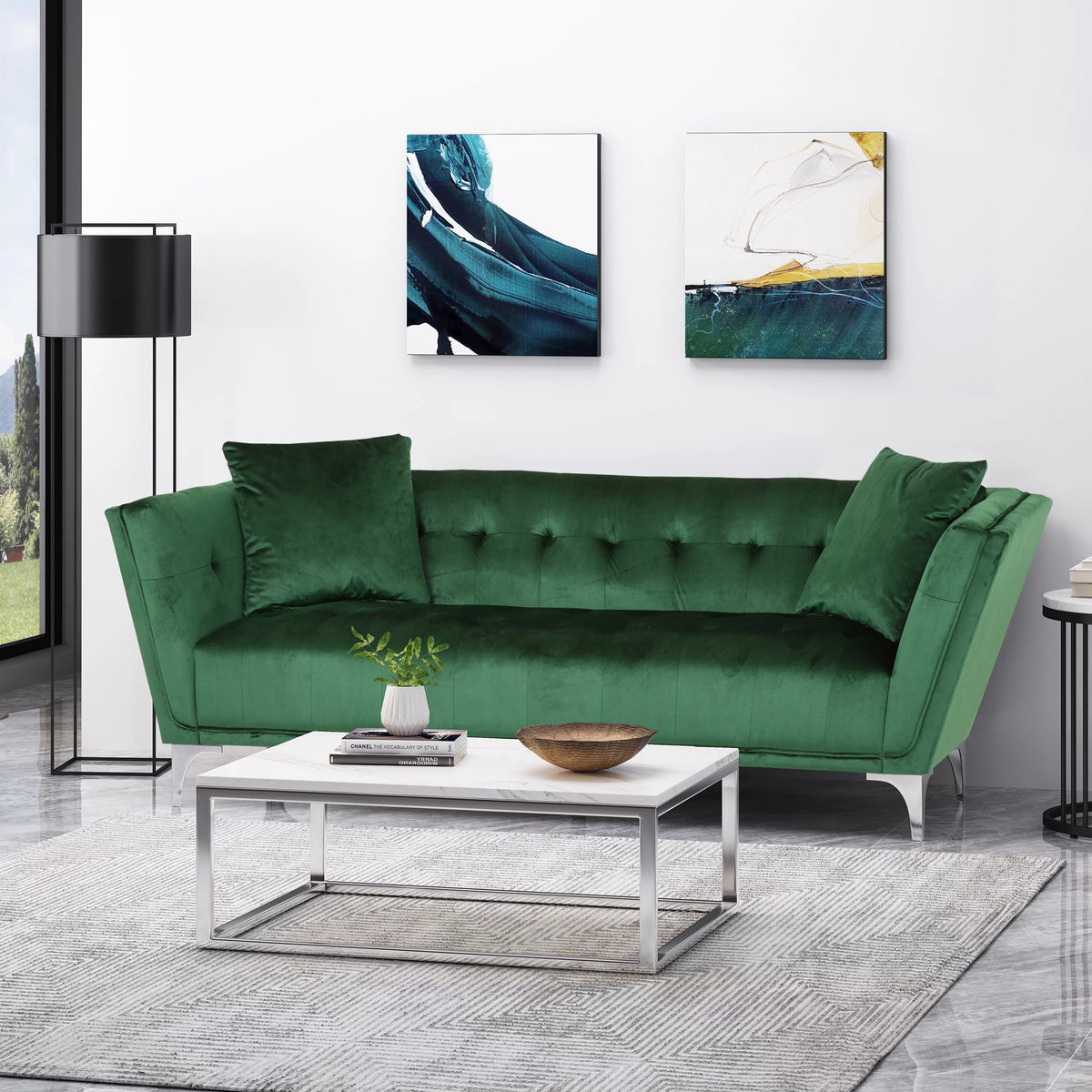 Modern Glam Velvet Tufted 3 Seater Sofa with Accent Pillows I7487