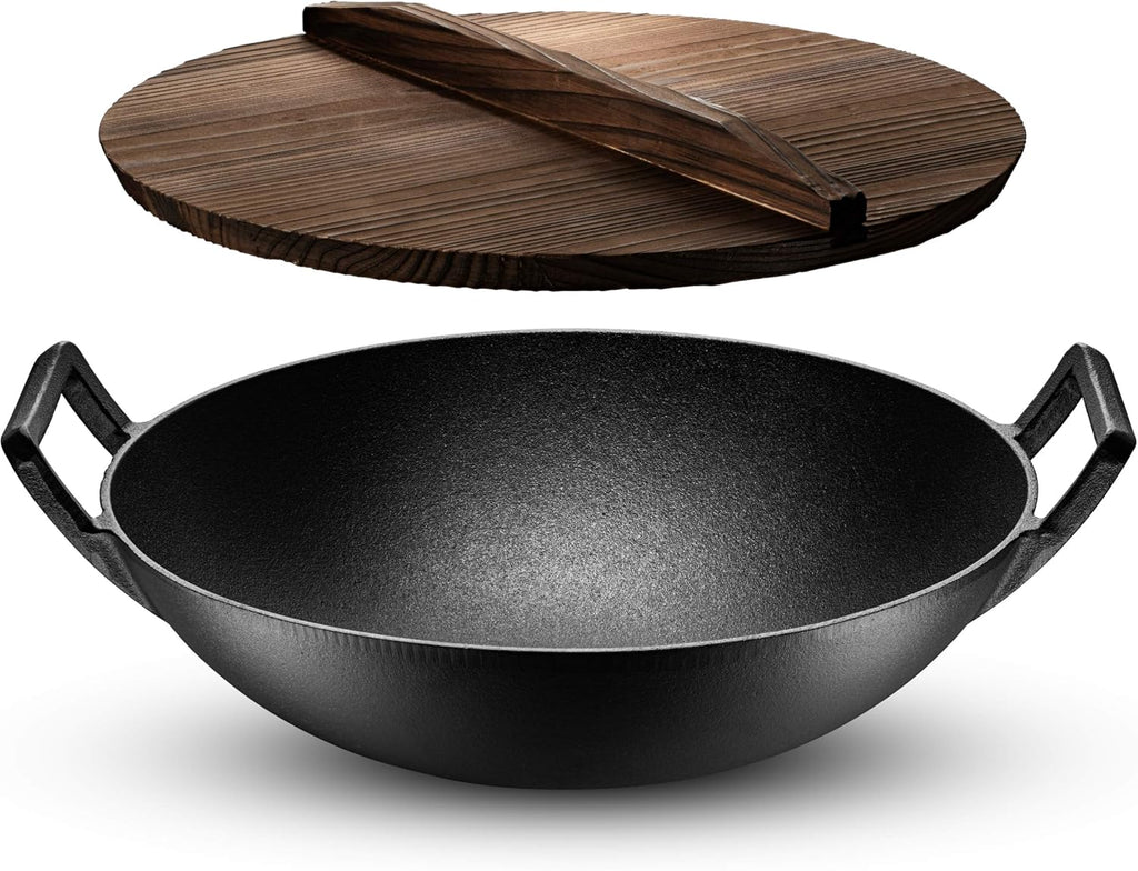 Pre-Seasoned Cast Iron Wok Pan with Lid and Handles, 14 Inch Flat Base Non-Stick, Pack of 2 X3716