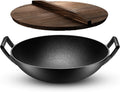 Pre-Seasoned Cast Iron Wok Pan with Lid and Handles, 14 Inch Flat Base Non-Stick, Pack of 2 X3716