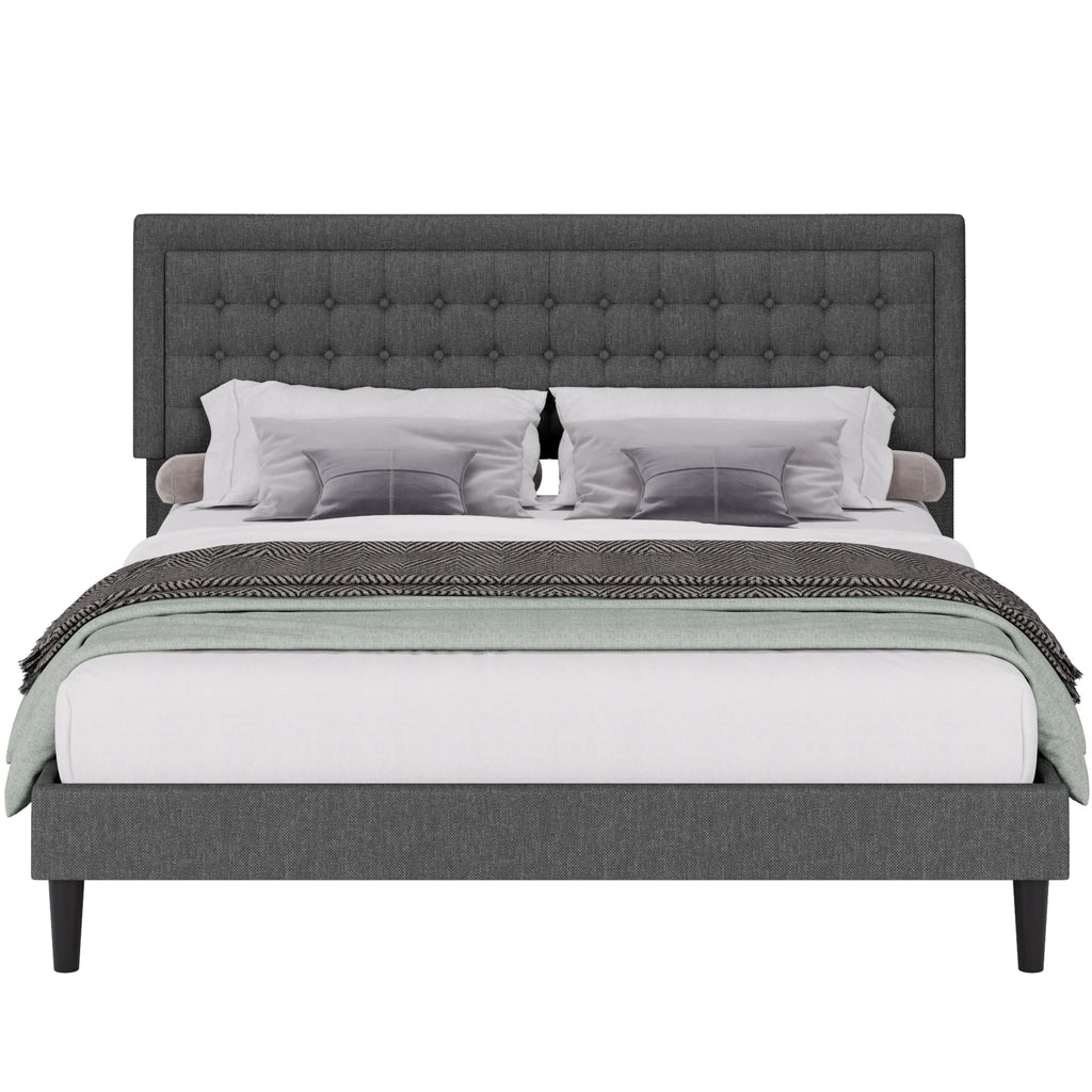 King Size Gray Linen Fabric Bed Frame with Tufted Headboard K173