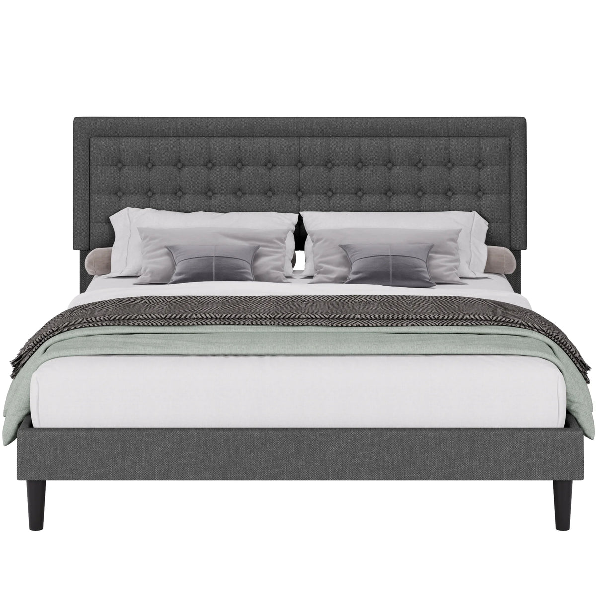 King Size Gray Linen Fabric Bed Frame with Tufted Headboard K173