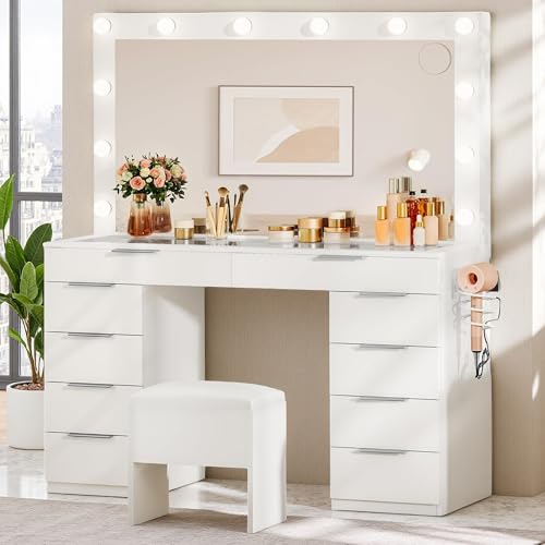 Cream White 10 Drawer Glass Top Vanity Desk with LED Mirror and Chair O488992