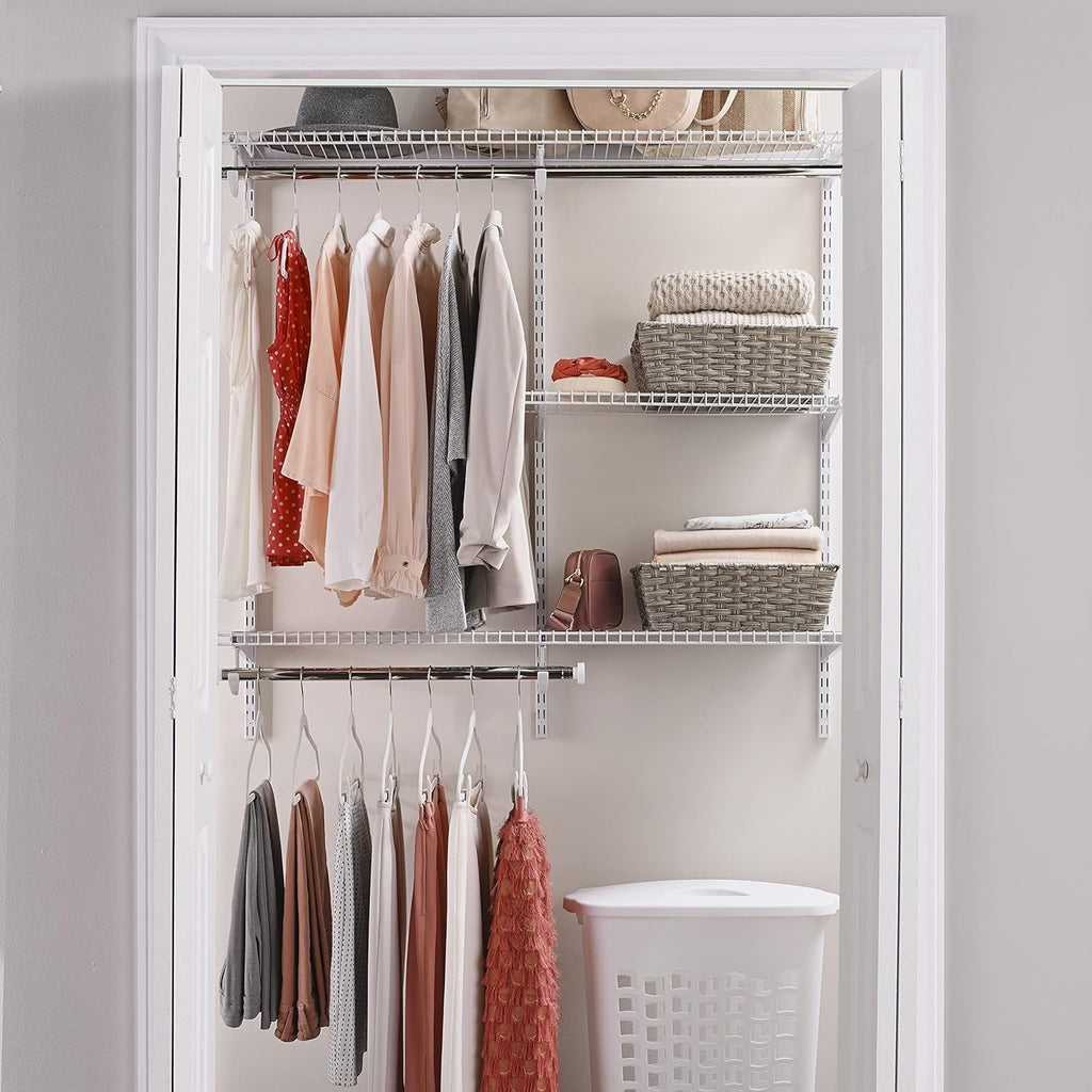 White Wire Shelving Kit with Expandable Shelving and Telescoping Rods A98552