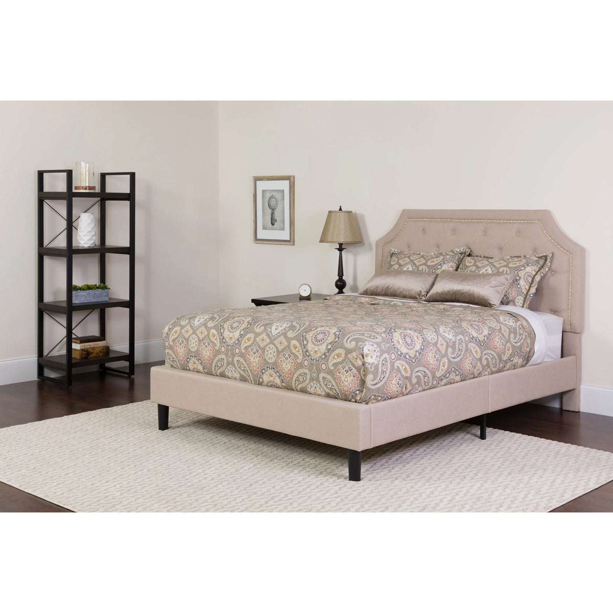 Beige Fabric Tufted Upholstered Full Size Platform Bed with Pocket Spring Mattress E18791