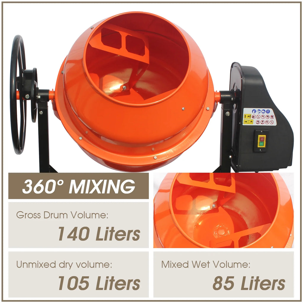 Electric Concrete Mixer 4/5 HP 5 Cu Ft Portable with Wheel and Stand Q834