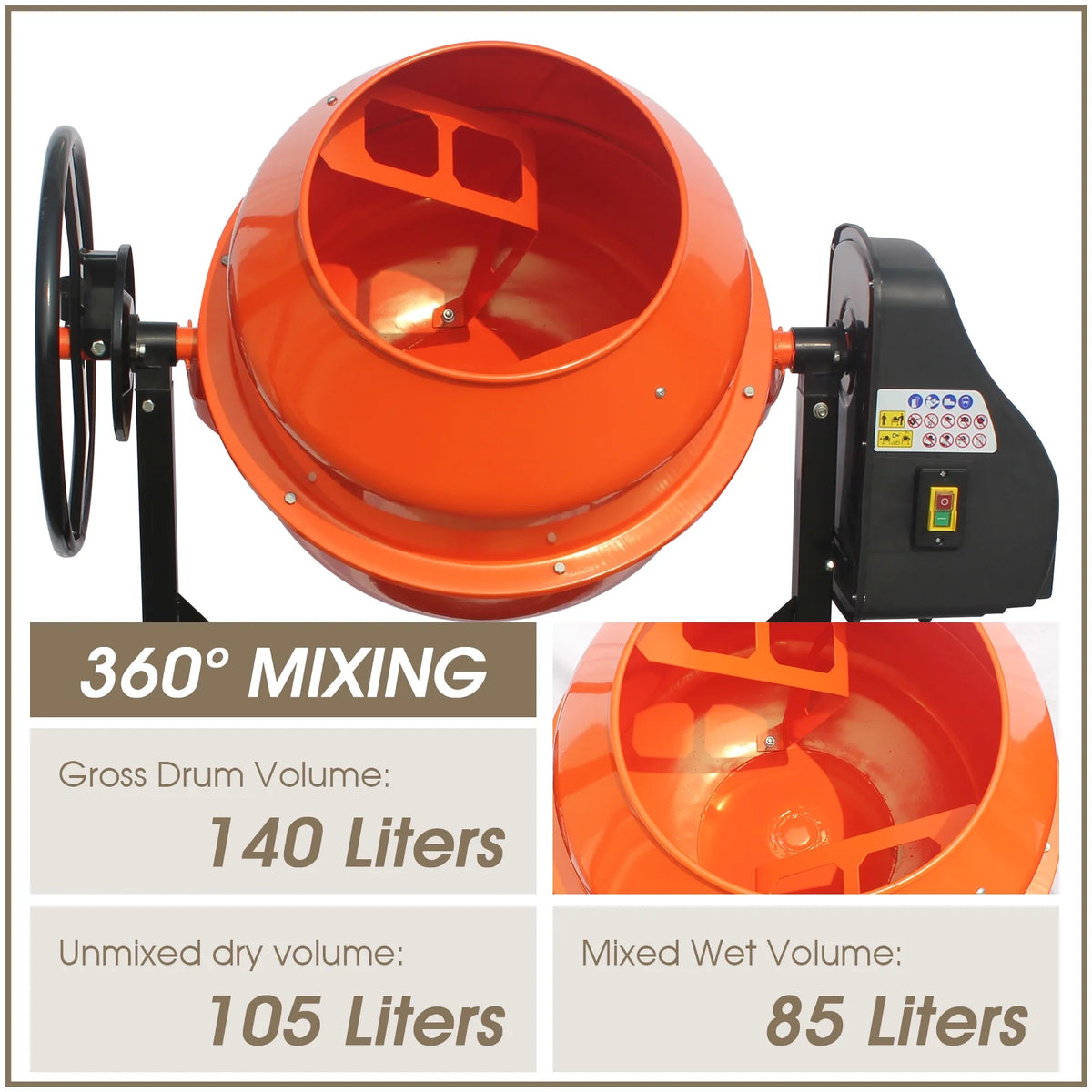 Electric Concrete Mixer 4/5 HP 5 Cu Ft Portable with Wheel and Stand Q834