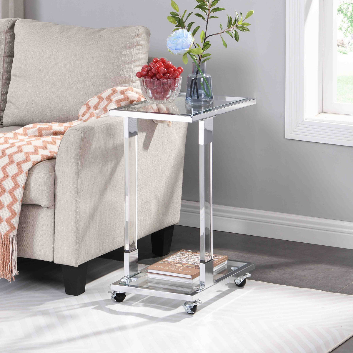 Chrome Glass C Shape Square Side Table with Metal Base X230