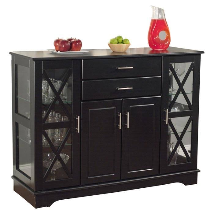 Black Wood Buffet Sideboard with Glass Doors D32011