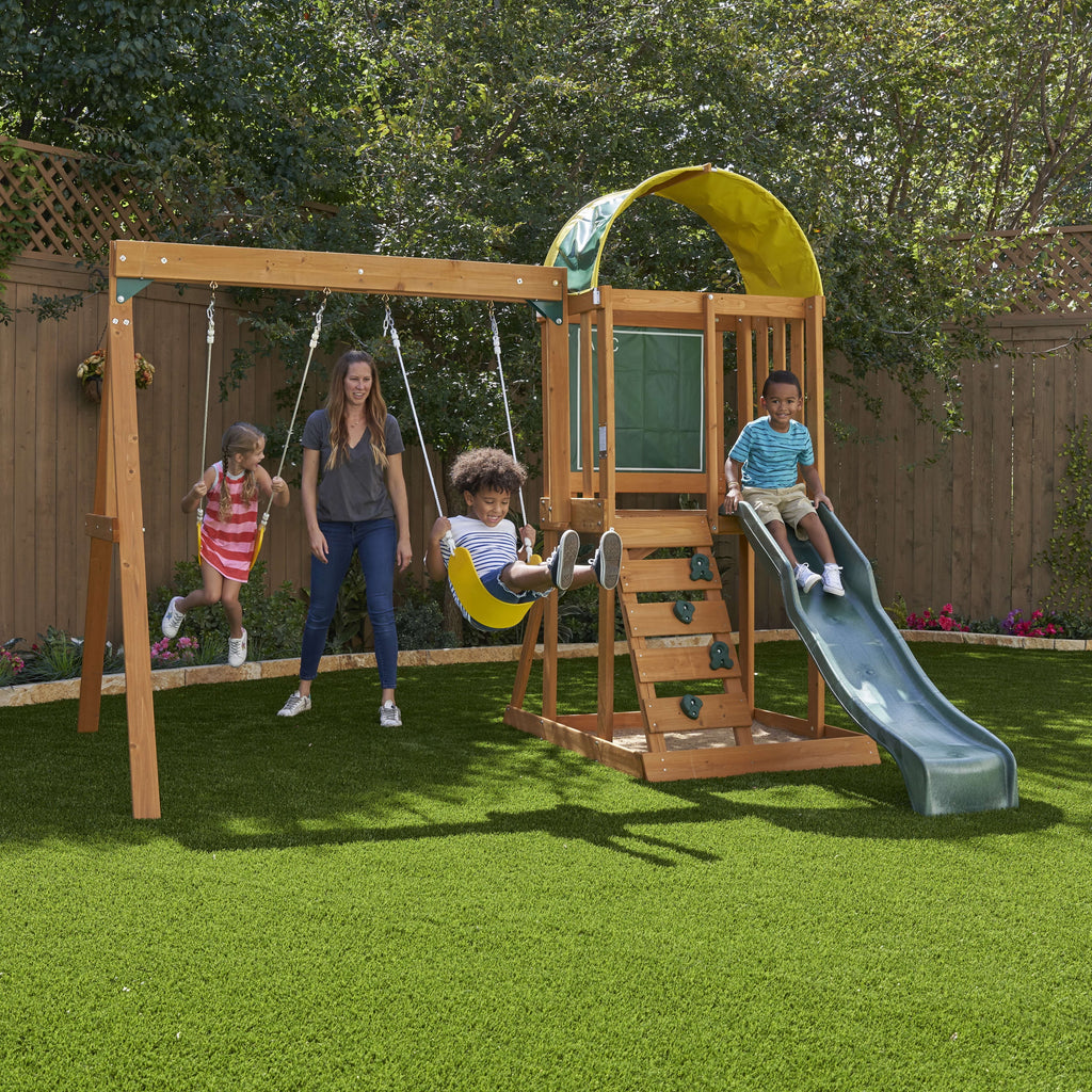Wooden Outdoor Swing Set with Slide and Rock Wall I422892