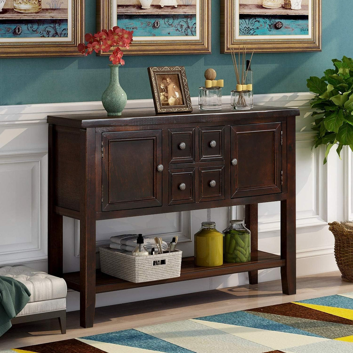 Blue Console Sofa Table with Storage Drawers Cabinets and Bottom Shelf M313