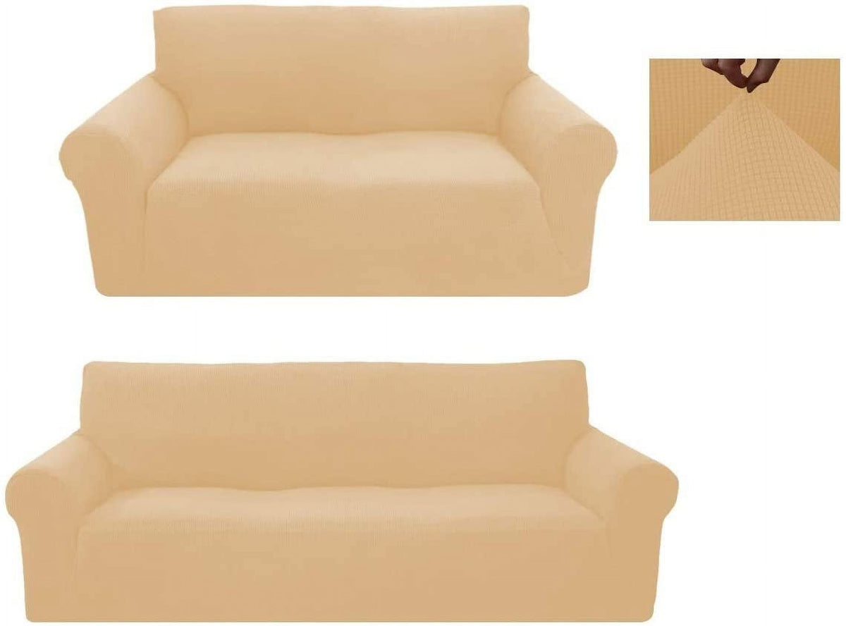 Beige/Cream 2-Piece Brushed Polyester Spandex SlipCover Set for Sofa Loveseat Couch W74116