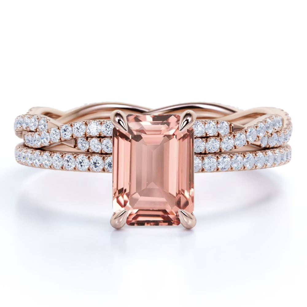2 Carat Emerald Cut Morganite Bridal Trio Set W2846