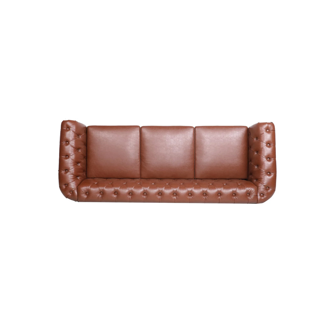 Brown Pu Rolled Arm Chesterfield Three Seater Sofa Q1422
