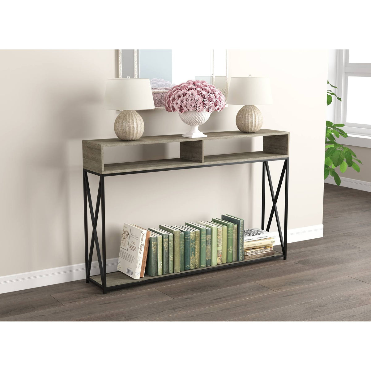 Dark Taupe Console Table with Two Open Shelves G7478