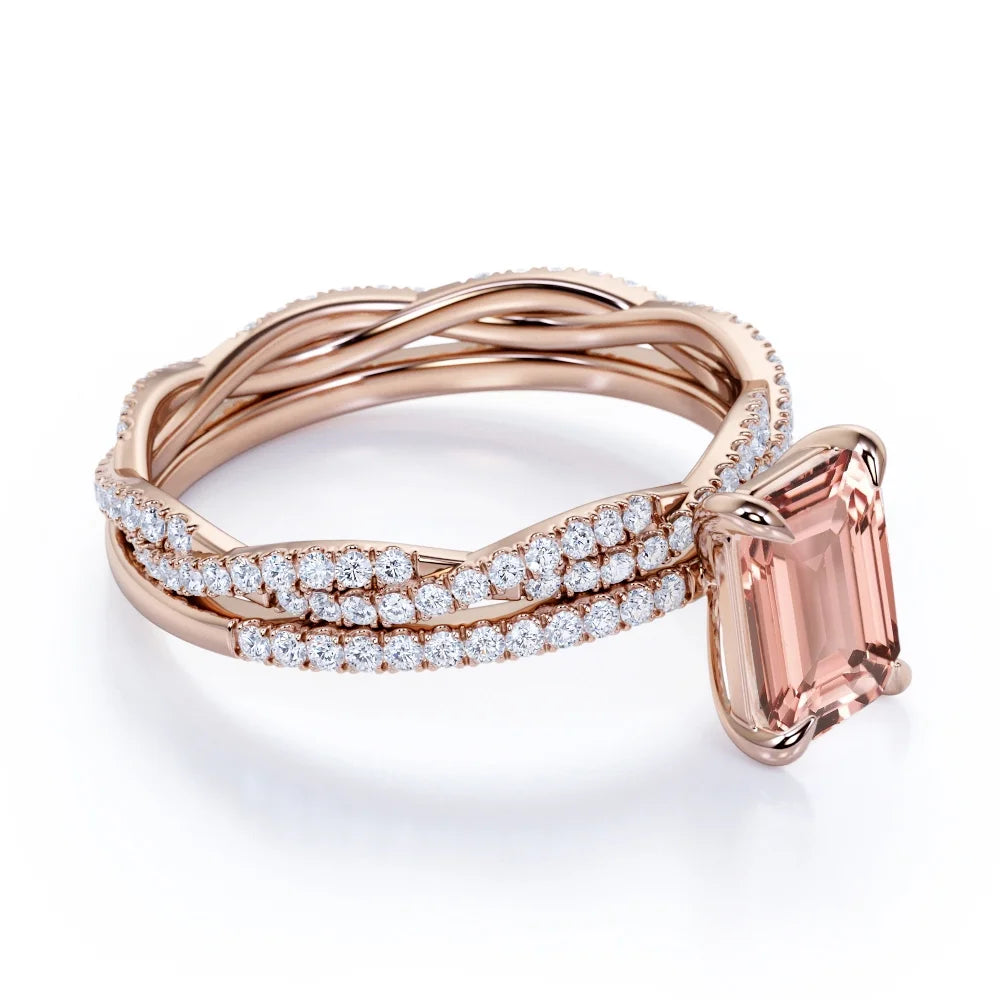 2 Carat Emerald Cut Morganite Bridal Trio Set W2846