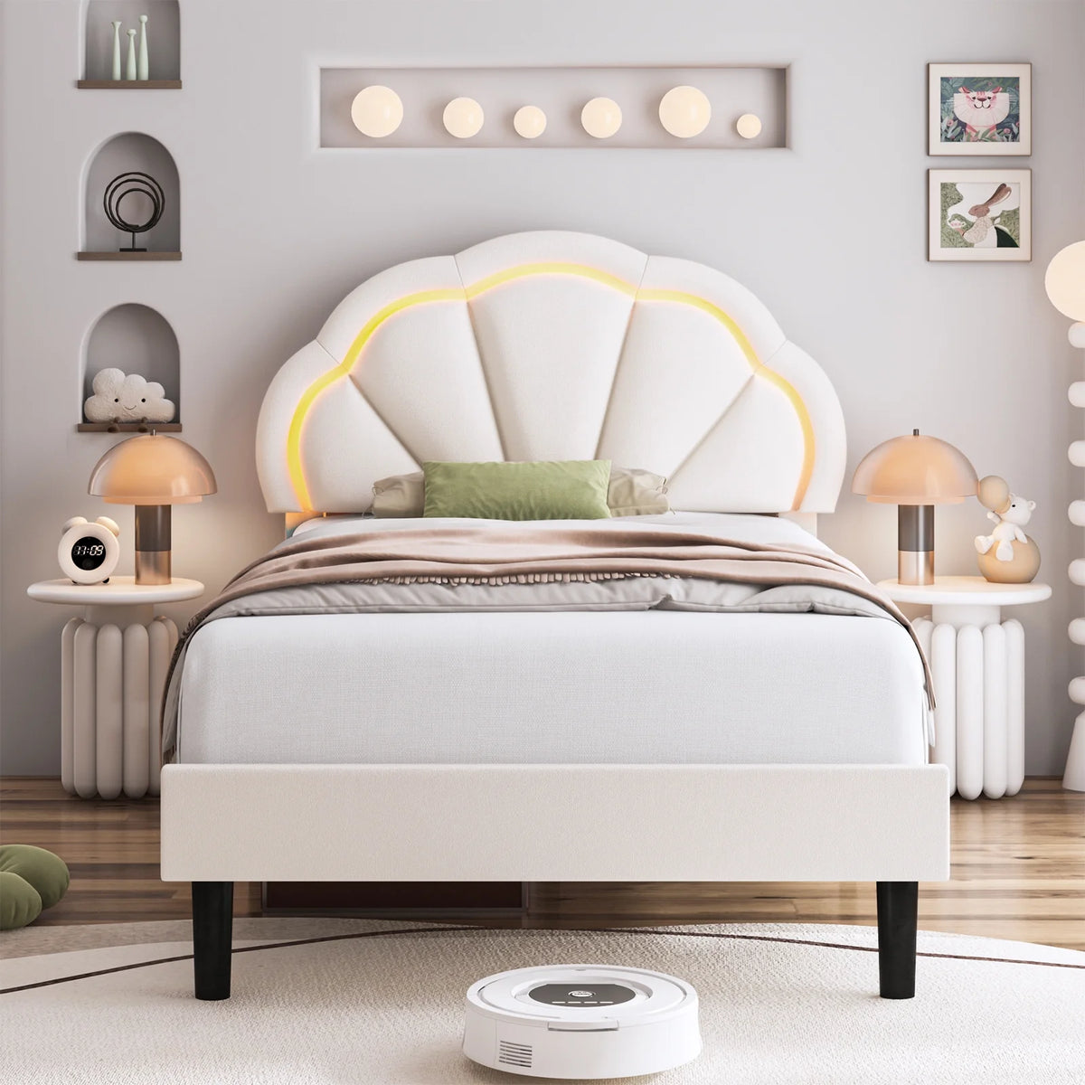 Twin Size Off-White Velvet Upholstered Platform Bed with Adjustable Headboard X814