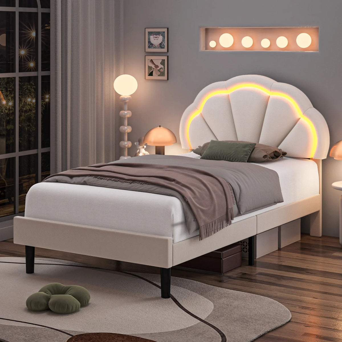 Twin Size Off-White Velvet Upholstered Platform Bed with Adjustable Headboard X814