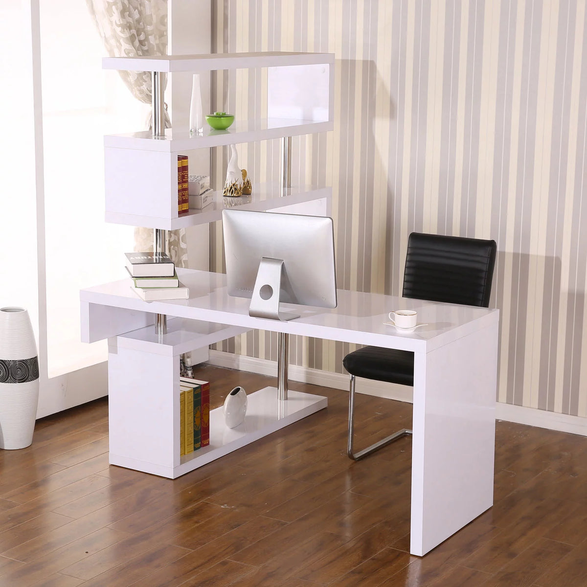 White 4 Tier L-Shaped Computer Desk with Shelves D8088
