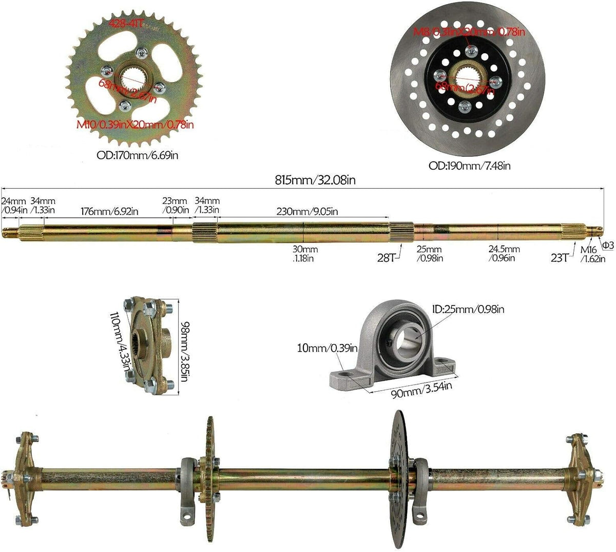 815mm Rear Axle Shaft Kit with 7.5" Brake Disc R10895