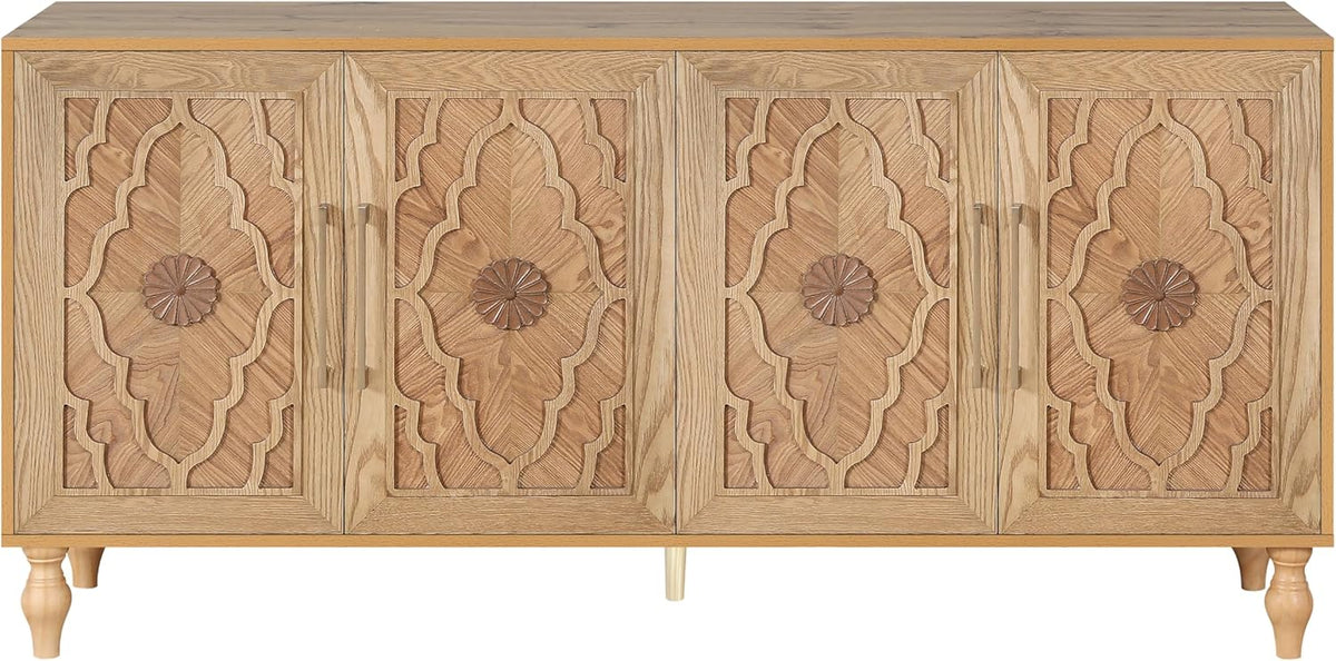 63" Carved Flower Door Large Storage Cabinet with Metal Handle (Natural Wood) H3343