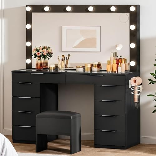 Cream White 10 Drawer Glass Top Vanity Desk with LED Mirror and Chair O488992