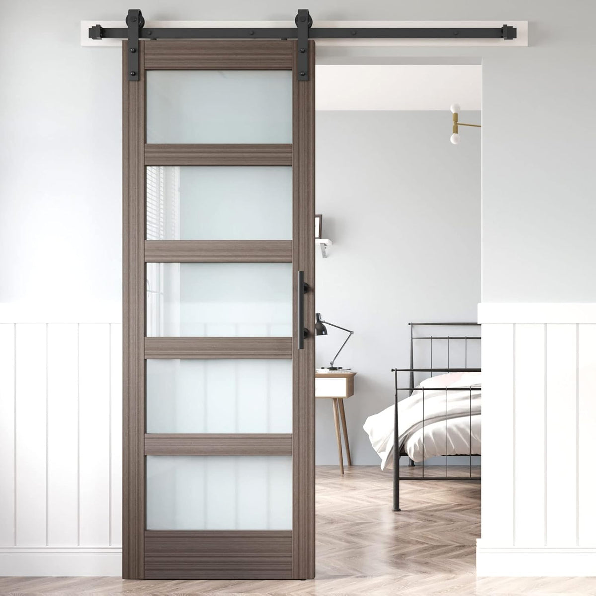 Glass Sliding Barn Door Slab with Hardware Kit, MDF Wood Panel with PVC Surface N6478