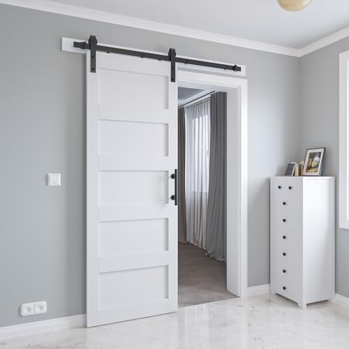White 5 Panel Sliding Barn Door with 6ft Hardware Kit C5401