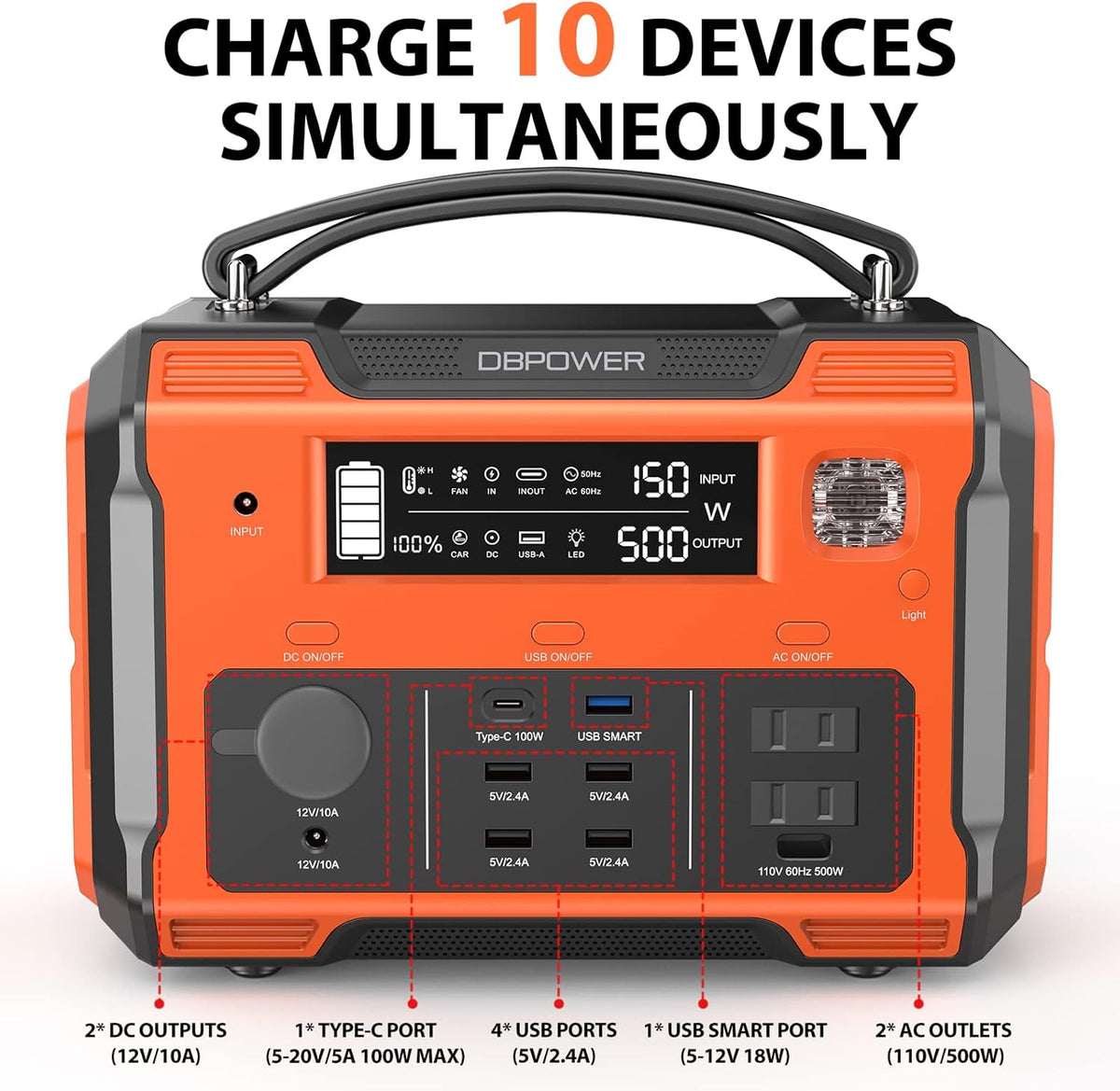 Portable Power Station 505Wh 500W Peak 1000W 2 110V Pure Sine Wave AC Outlets Z146939