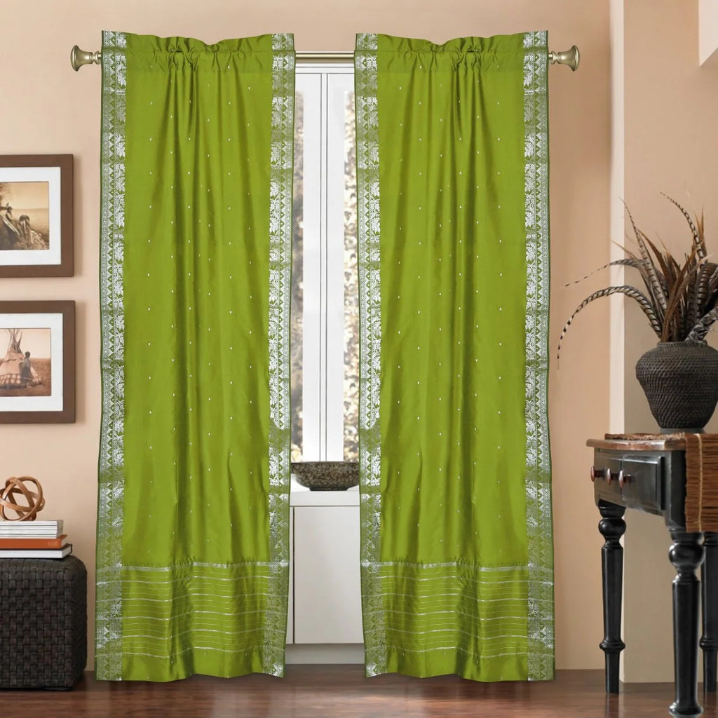 Olive Green Sheer Sari Cafe Curtains with Silver Border, 43W x 24L, Pair F935