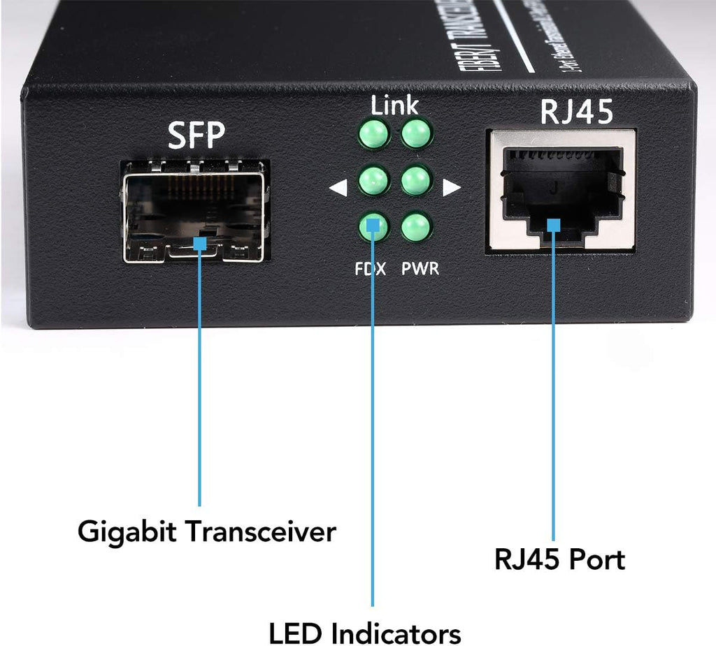 A Pair of 1.25G/s Bidi Gigabit Single-Mode Fiber Ethernet Media Converter with 2PCS Bidi SFP LC Transceiver Module Included, 10/100/1000Base-Tx to 1000Base-SX SMF RJ45 to SFP Slot up to 30KM Pack of 2 P759