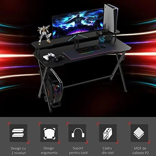 55 Inch Black Gaming Desk with Monitor Stand L177