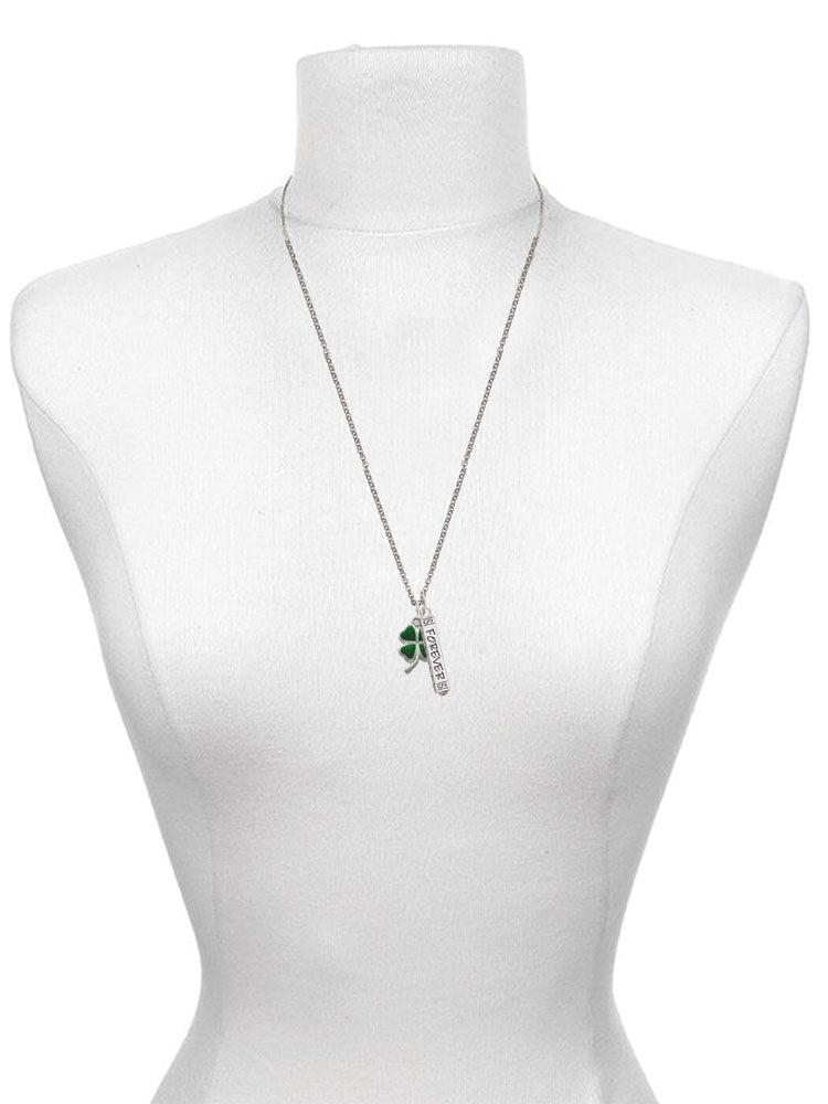 Silvertone Green Four Leaf Clover Bar Charm Necklace, 23" N920564