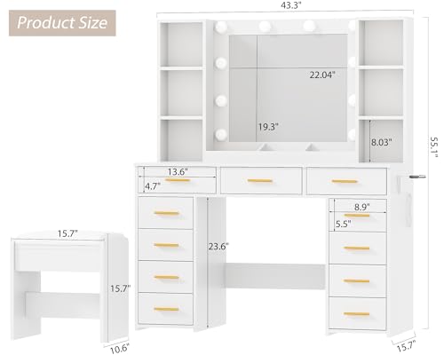 White Vanity Desk with Mirror and Lights 11 Drawers 9 Shelves Vanity Table with Stool N82824