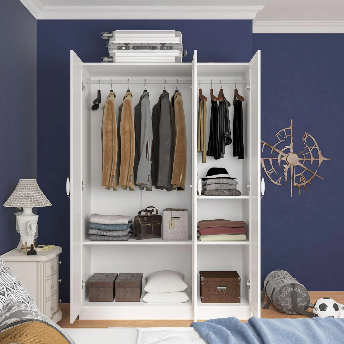White 3 Door Wardrobe Closet with Shelves X93118