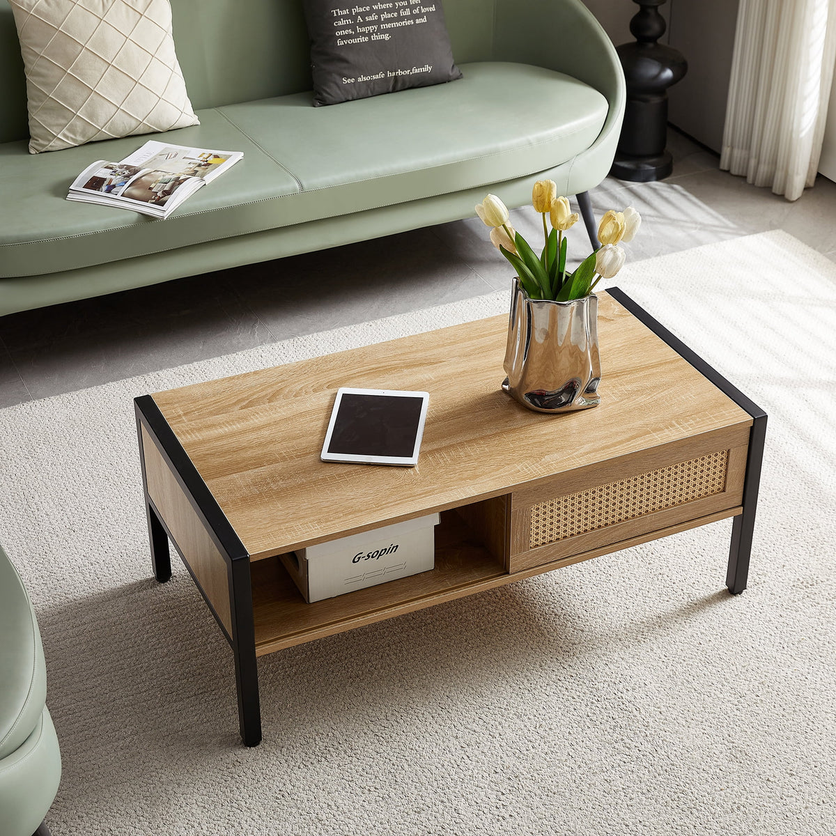 40.16" Rattan Coffee Table with Sliding Door Storage N6913