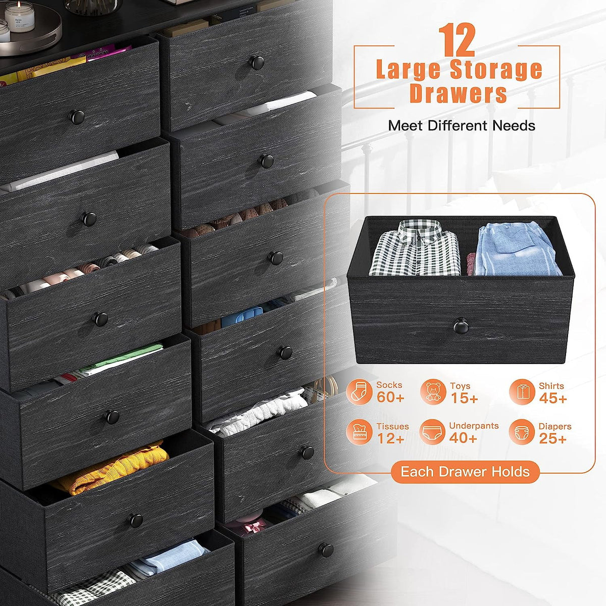 Black 12 Drawer Fabric Dresser D8972