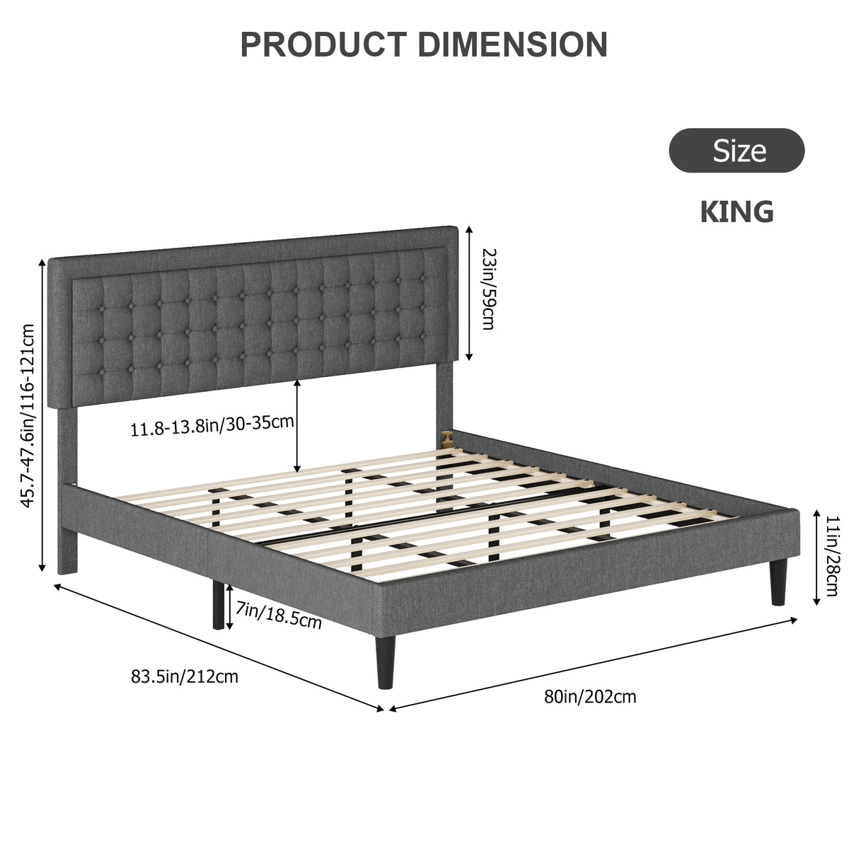 King Size Gray Linen Fabric Bed Frame with Tufted Headboard K173