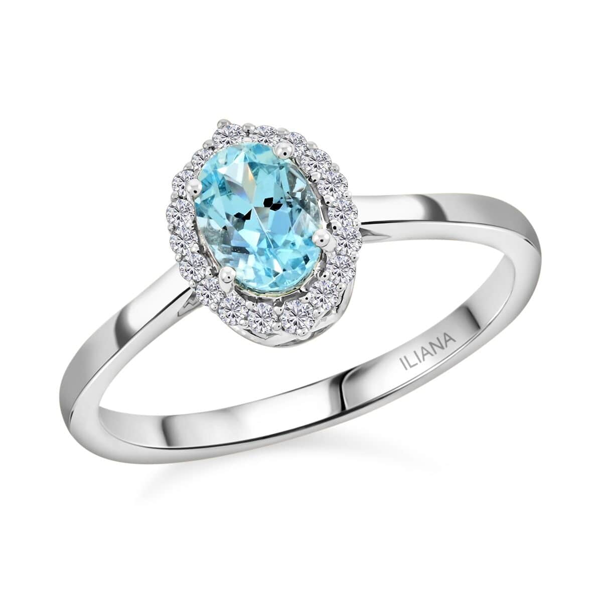 Oval Blue Aquamarine White Diamond 18K White Gold Halo Ring Size 7 Ct 0.85 G-H Color Si1 Clarity J66234